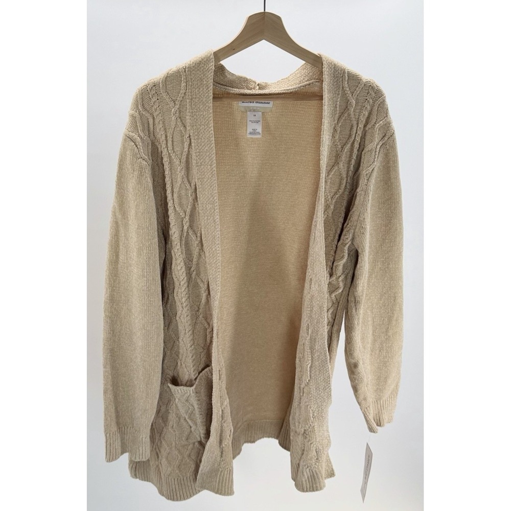 Alfred Dunner Beige Tan Open Front Cable Knit Sweater Cardigan Plus Size 1X